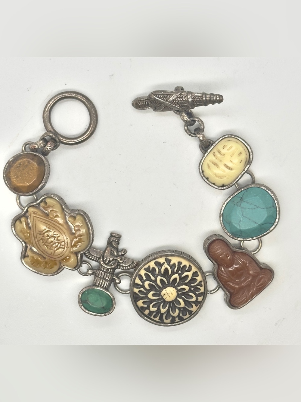 Vintage Silver Tone Link Bracelet Cabochons Scarab Turquoise Turtle Buddha